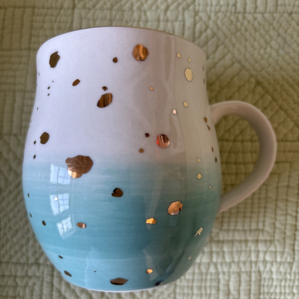 Pinky Up Tatyana Turquoise Ombre Gold Speckled Ceramic Mug Cup 12 Oz